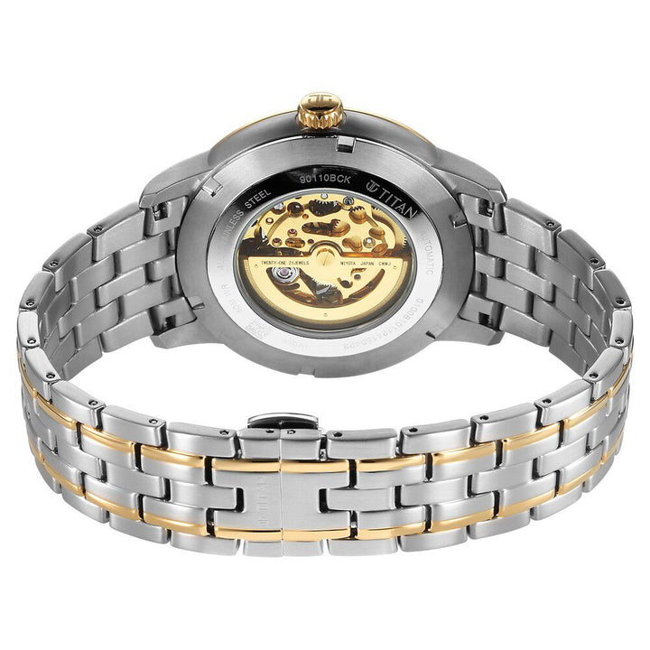 Titan Golden Heart Skeletal Automatic Analog with Silver Dial Dual-Tone Stainless Steel Strap Watch for Men-90110BM01