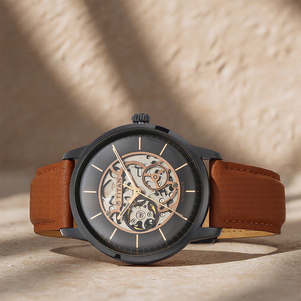 Titan Automatics Black Dial Tan Leather Strap Watch for Men-NT90110NL01