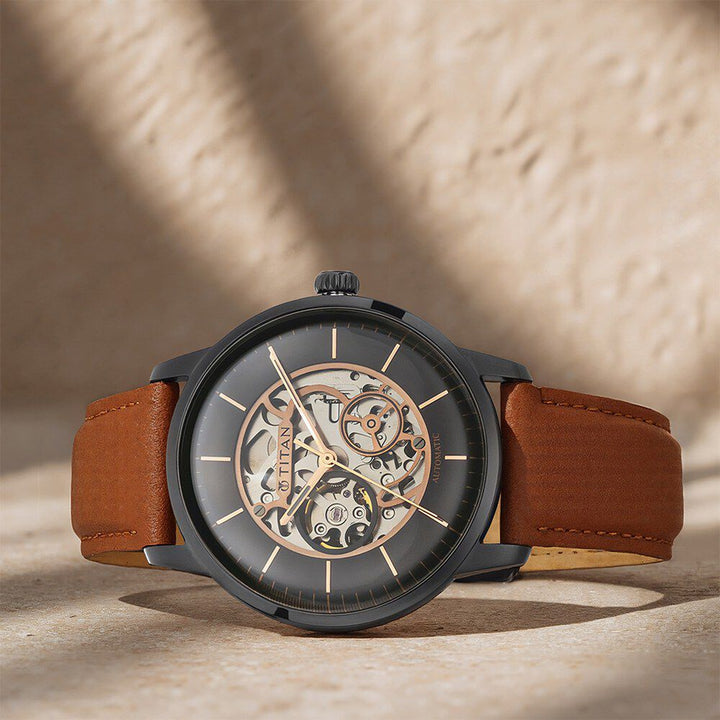 Titan Automatics Black Dial Tan Leather Strap Watch for Men-NT90110NL01