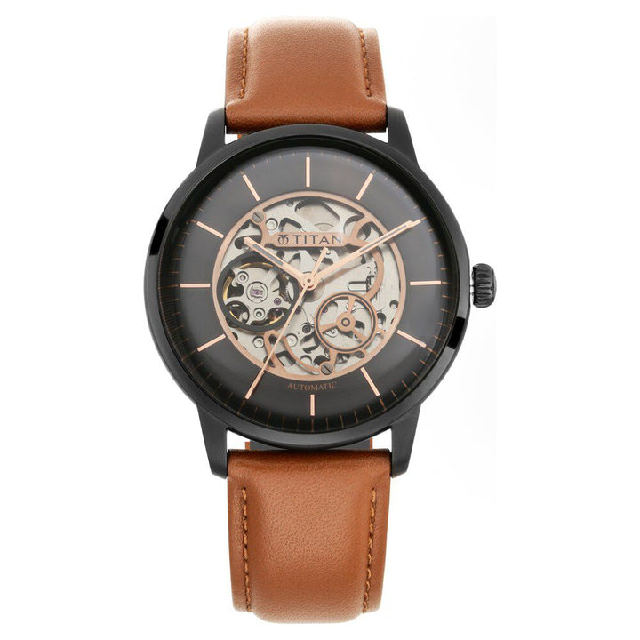 Titan Automatics Black Dial Automatic Leather Strap watch for Men NS90110NL01