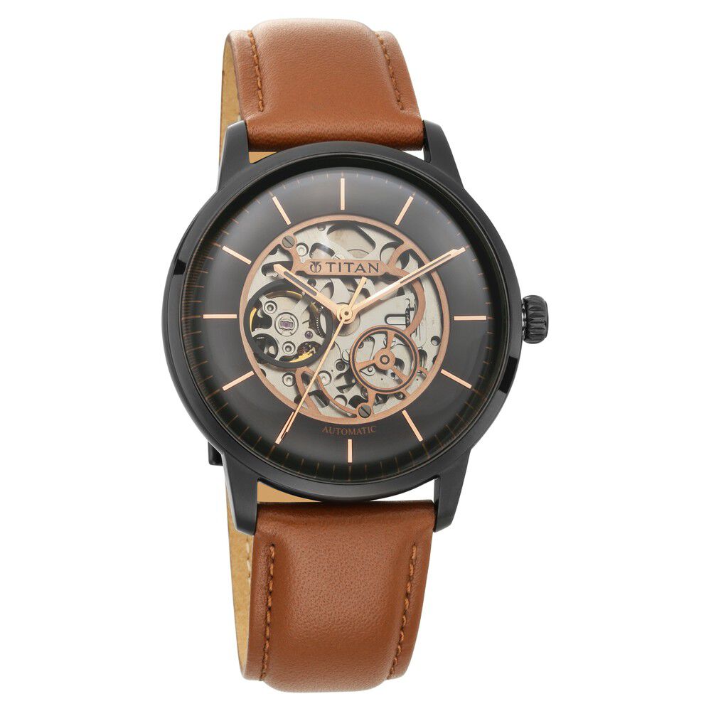 Titan Automatics Black Dial Tan Leather Strap Watch for Men-NT90110NL01