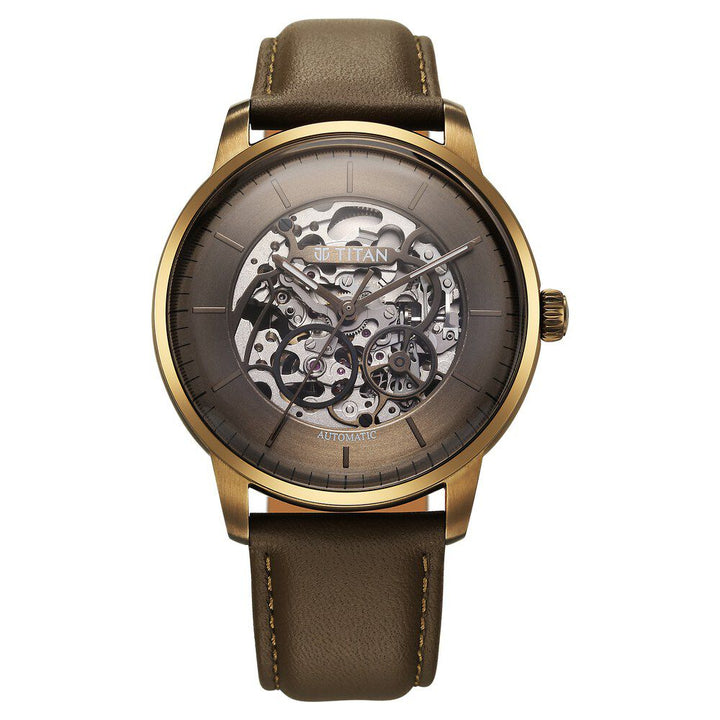 Titan Automatic Color Upgrade Brown Dial Brown Color Leather Strap Watch for Men 90110QL03