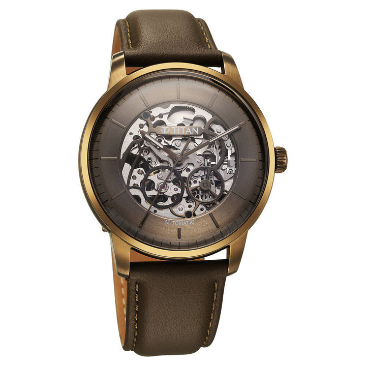 Titan Automatic Color Upgrade Brown Dial Brown Color Leather Strap Watch for Men 90110QL03