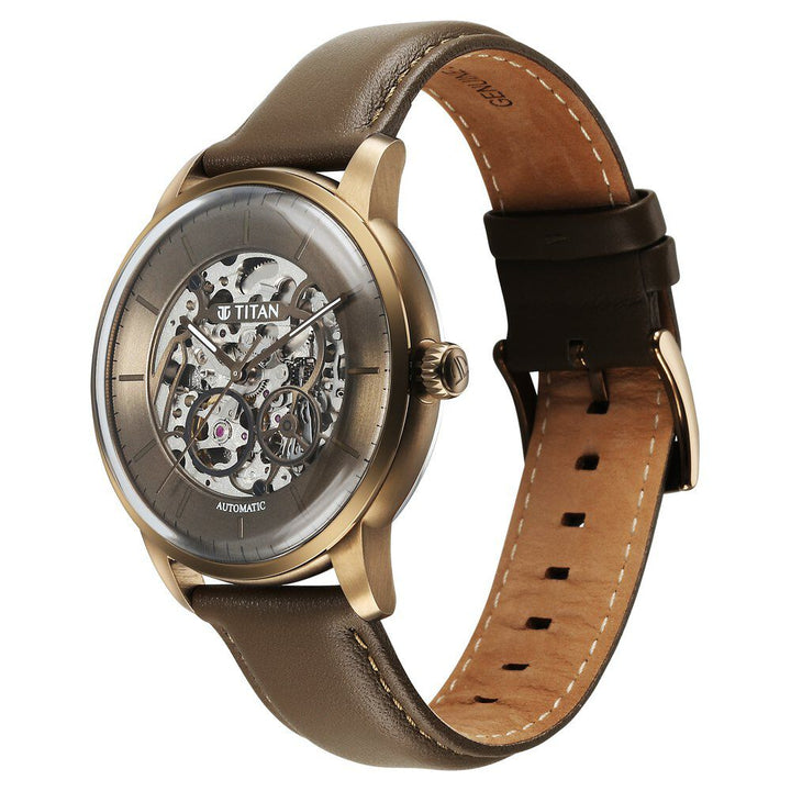 Titan Automatic Color Upgrade Brown Dial Brown Color Leather Strap Watch for Men 90110QL03