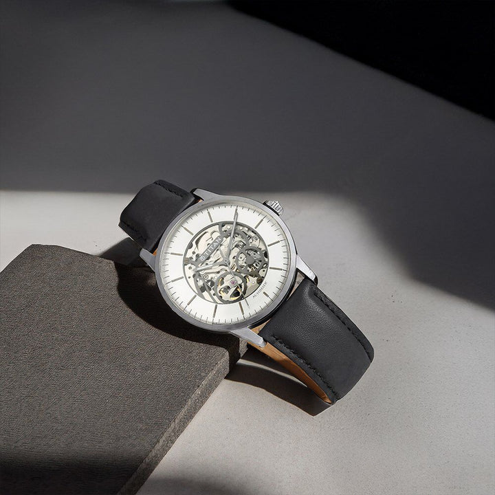 Titan Automatic Silver Dial Black Leather Strap Watch for Men-NT90110SL01
