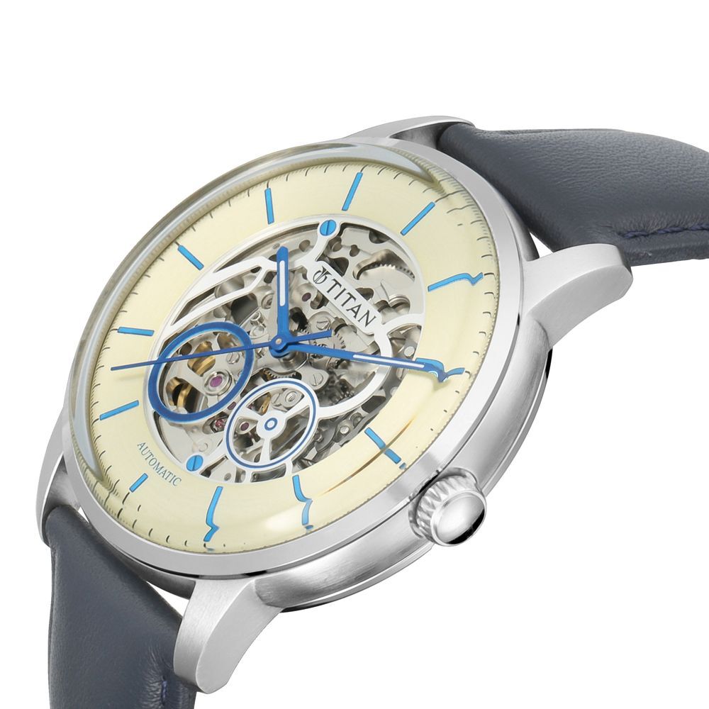 Titan Automatic Champagne Dial Blue Leather Strap Watch - The Watch Factory ®