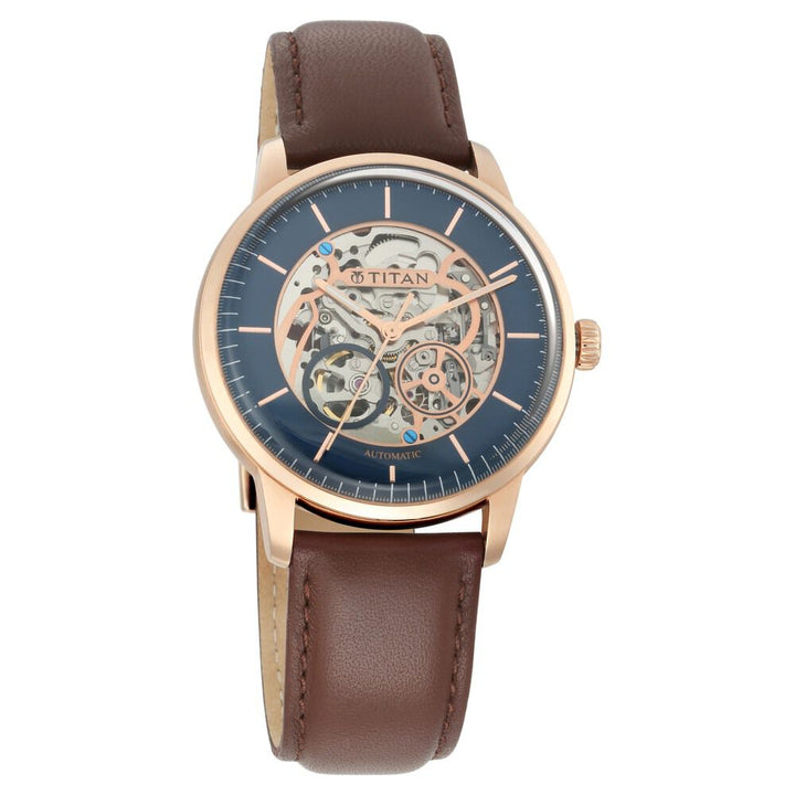 Titan Automatics Blue Dial Brown Leather Strap Watch for Men-90110WL01