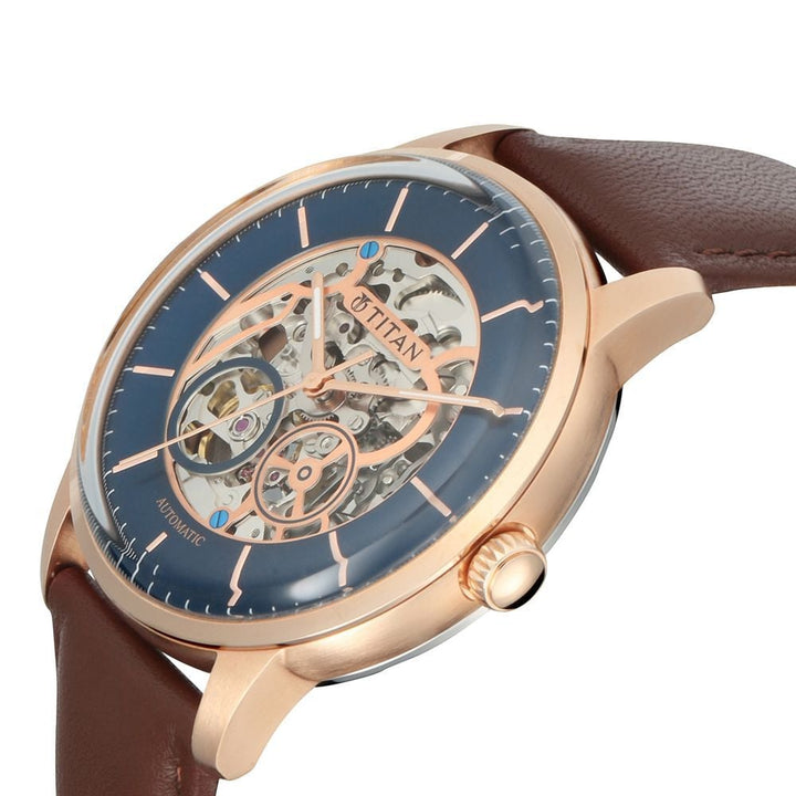 Titan Automatics Blue Dial Brown Leather Strap Watch for Men-90110WL01
