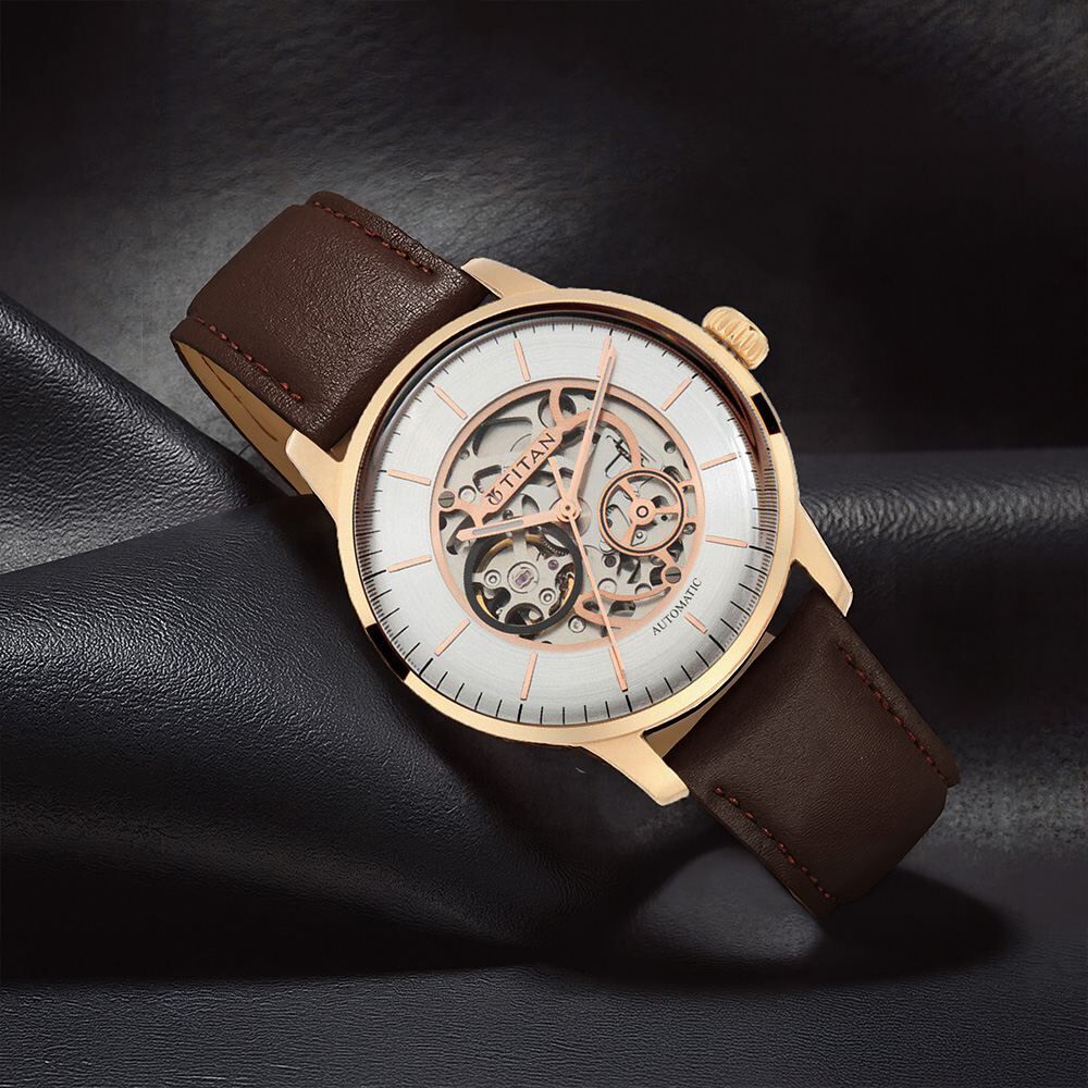 Titan Automatic Silver Dial Brown Leather Strap Watch for Men