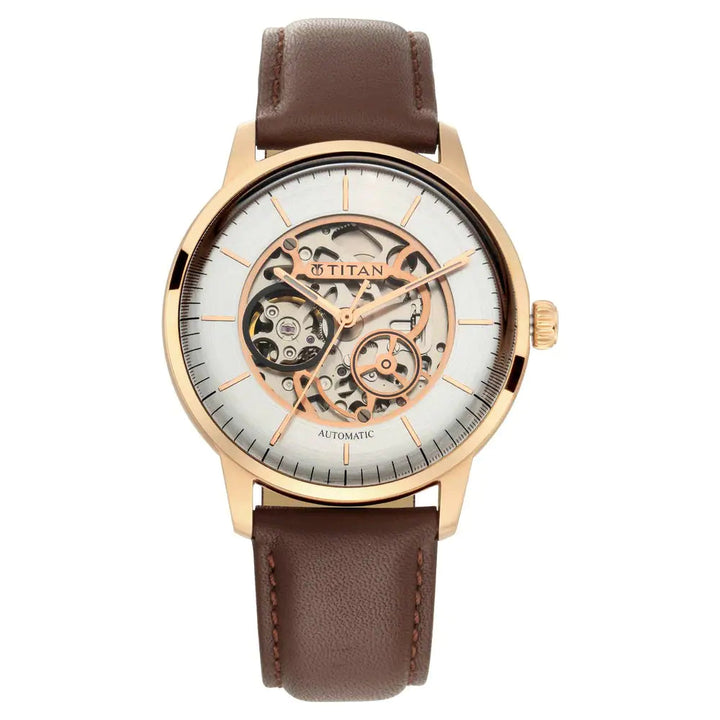 TITAN Automatic Watch with Silver White Dial & Brown Strap NP90110WL03