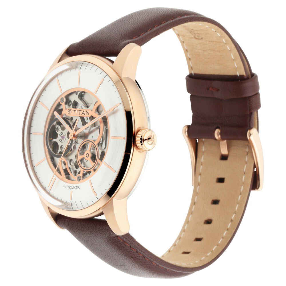 Titan Automatic Silver Dial Brown Leather Strap Watch for Men