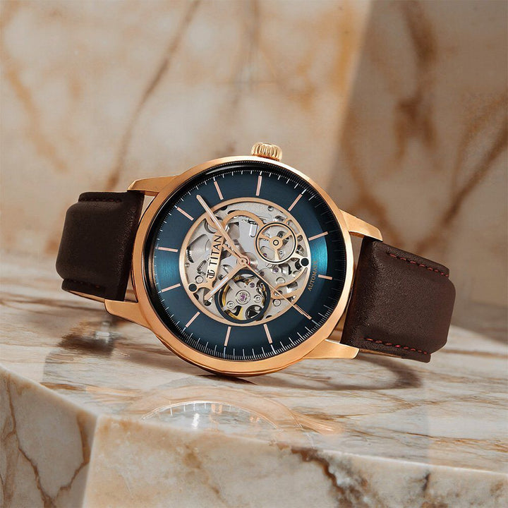 Titan Skeletal Automatic Blue Dial Brown Leather Strap Watch for Men-NT90110WL04