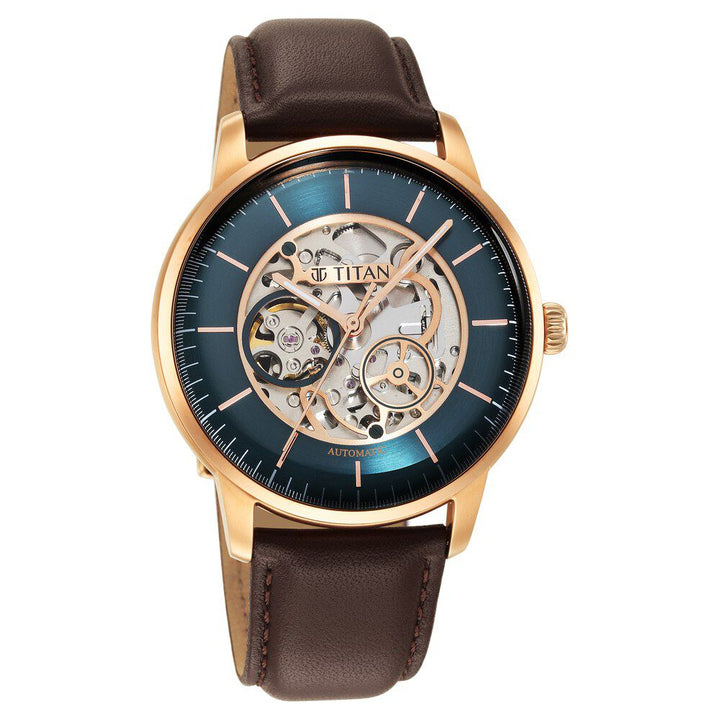 Titan Skeletal Automatic Blue Dial Brown Leather Strap Watch for Men-NT90110WL04