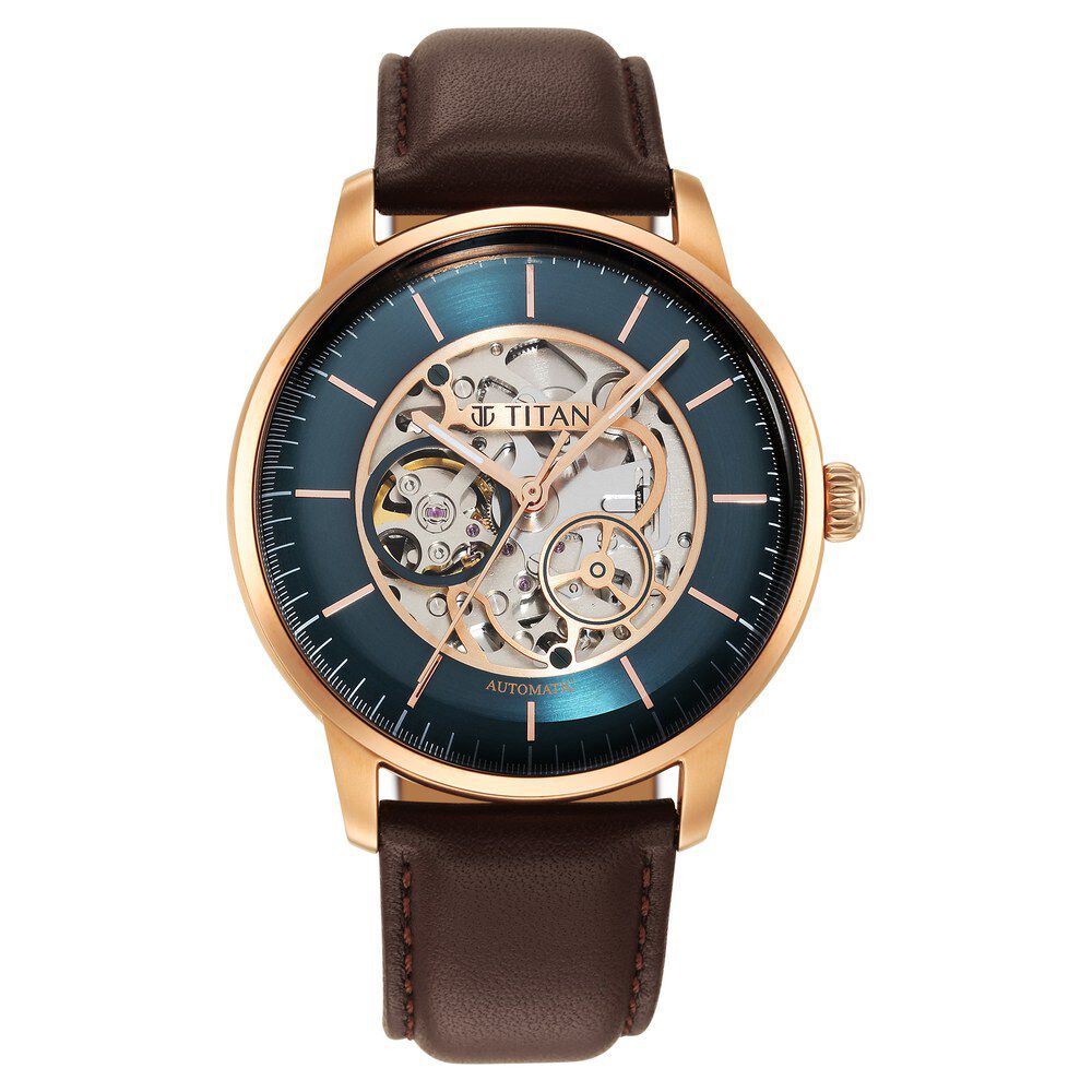 Titan Skeletal Automatic Blue Dial Brown Leather Strap Watch for Men-NT90110WL04