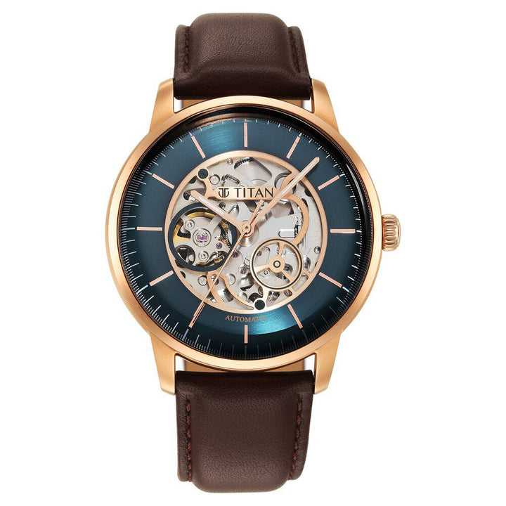 Titan Skeletal Automatic Blue Dial Brown Leather Strap Watch for Men-NT90110WL04