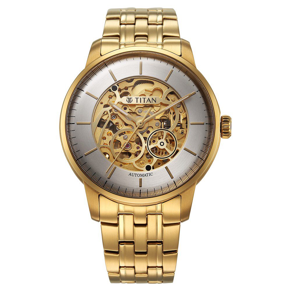 Titan Golden Heart Skeletal Automatic Analog with Silver Dial Yellow Gold Stainless Steel Strap Watch for Men-90110YM01