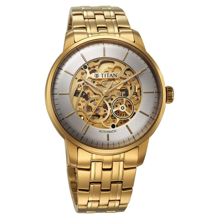 Titan Golden Heart Skeletal Automatic Analog with Silver Dial Yellow Gold Stainless Steel Strap Watch for Men-90110YM01
