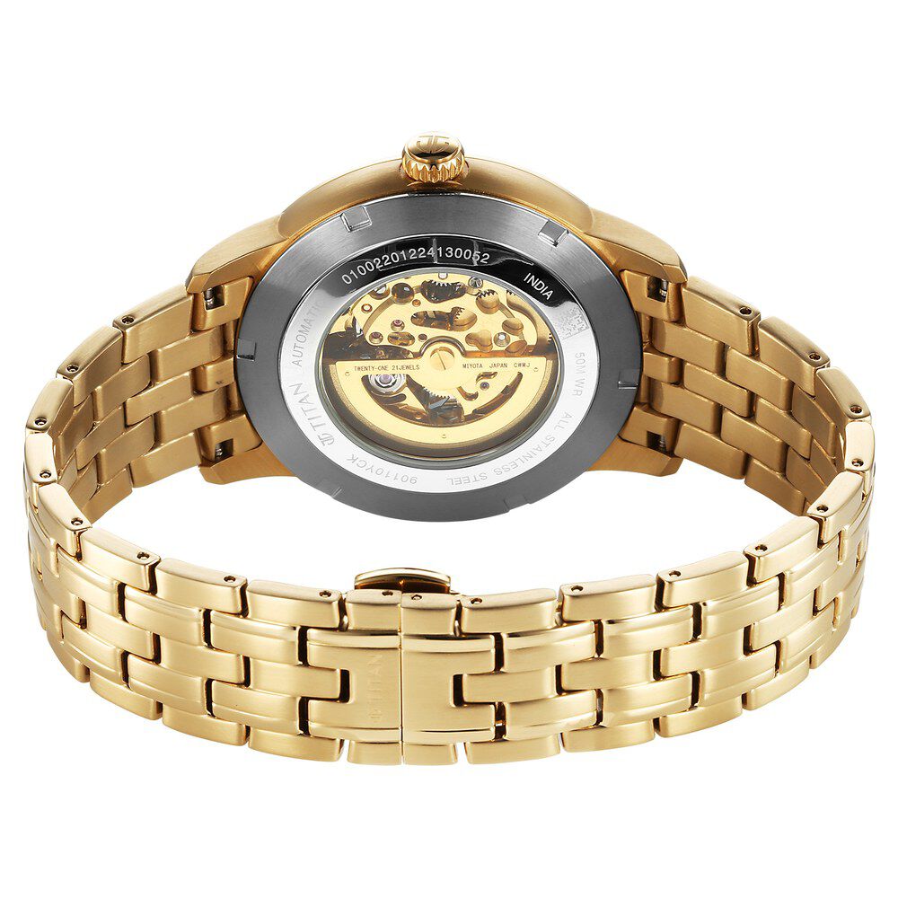 Titan Golden Heart Skeletal Automatic Analog with Silver Dial Yellow Gold Stainless Steel Strap Watch for Men-90110YM01