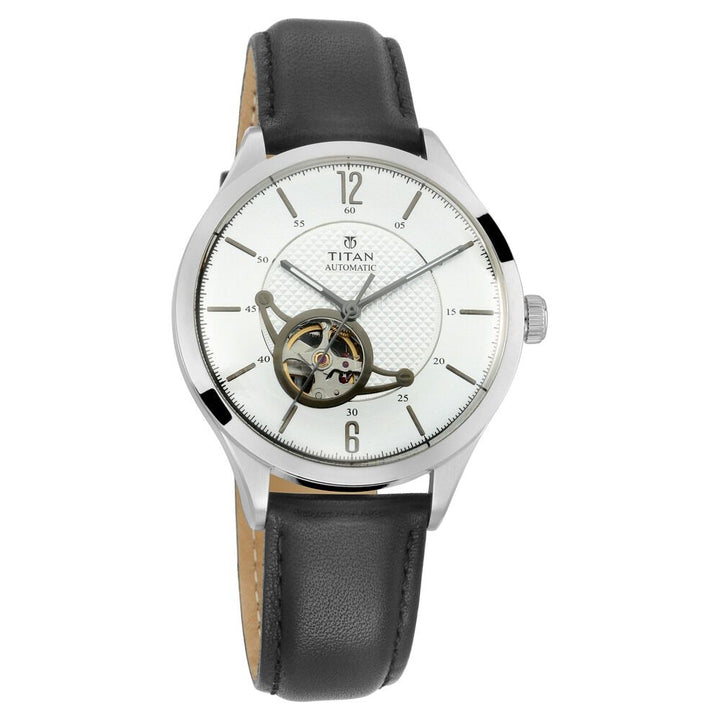 Titan Automatic Silver Dial Leather Strap Watch for Men NR90111SL01