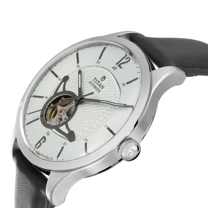 Titan Automatic Silver Dial Leather Strap Watch for Men NR90111SL01