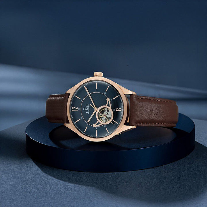 Titan Automatic Blue Dial Brown Leather Strap Watch for Men-NT90111WL01