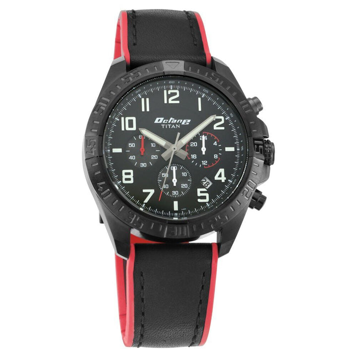 Titan Octane Hyper Lume Black Dial Chronograph Leather Strap Watch for Men-NN90112NP01