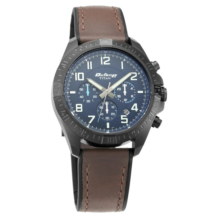 Titan Octane Hyper Lume Blue Dial Chronograph Leather Strap watch for Men-NP90112NP02