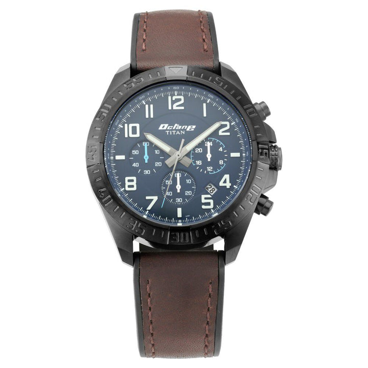 Titan Octane Hyper Lume Blue Dial Chronograph Leather Strap watch for Men-NP90112NP02