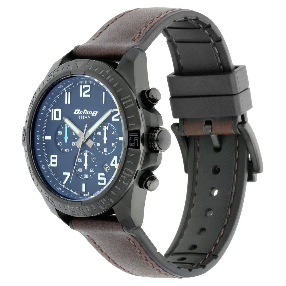 Titan Octane Hyper Lume Blue Dial Chronograph Leather Strap watch for Men-NP90112NP02