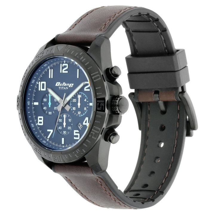 Titan Octane Hyper Lume Blue Dial Chronograph Leather Strap watch for Men-NP90112NP02