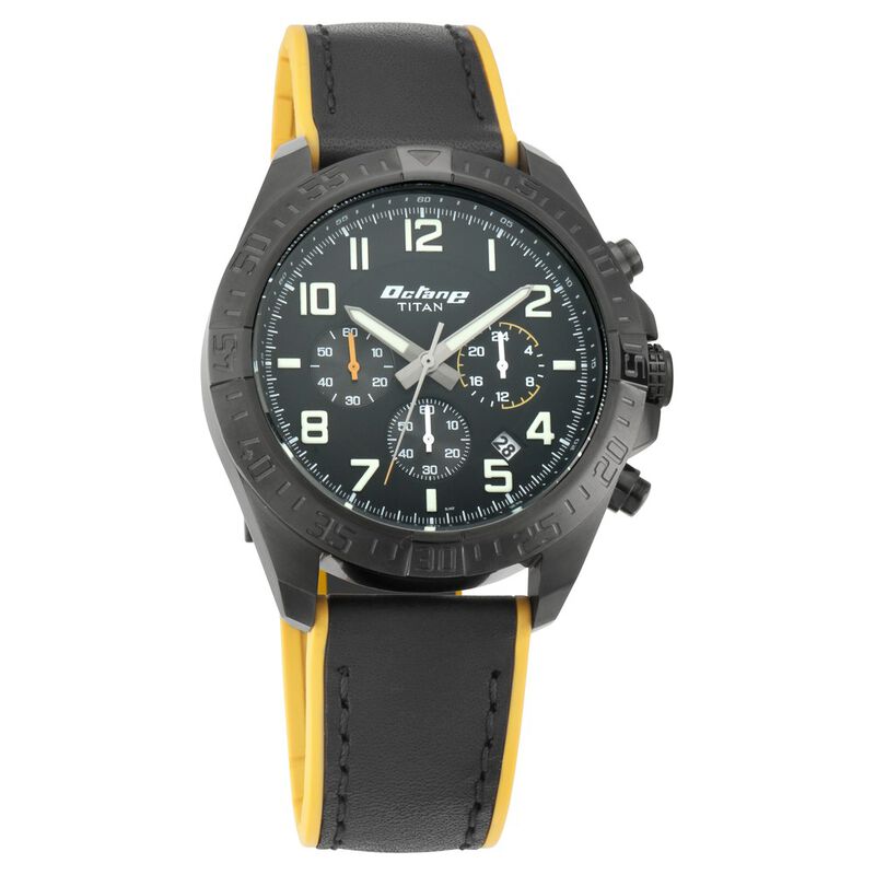Titan Octane Hyper Lume Black Dial Chronograph Leather Strap Watch For Men