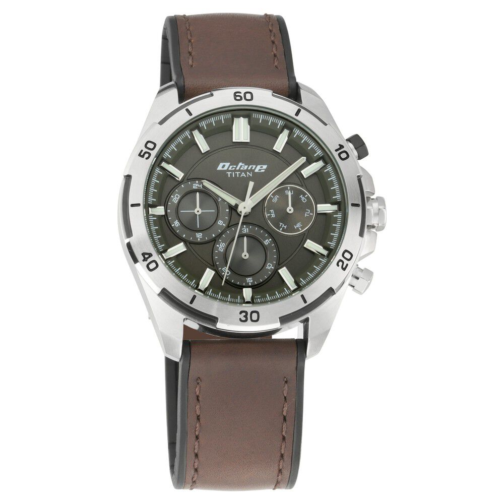 Titan Octane Hyper Lume Black Dial Quartz Multifunction Leather Strap watch for Men NS90114KP01