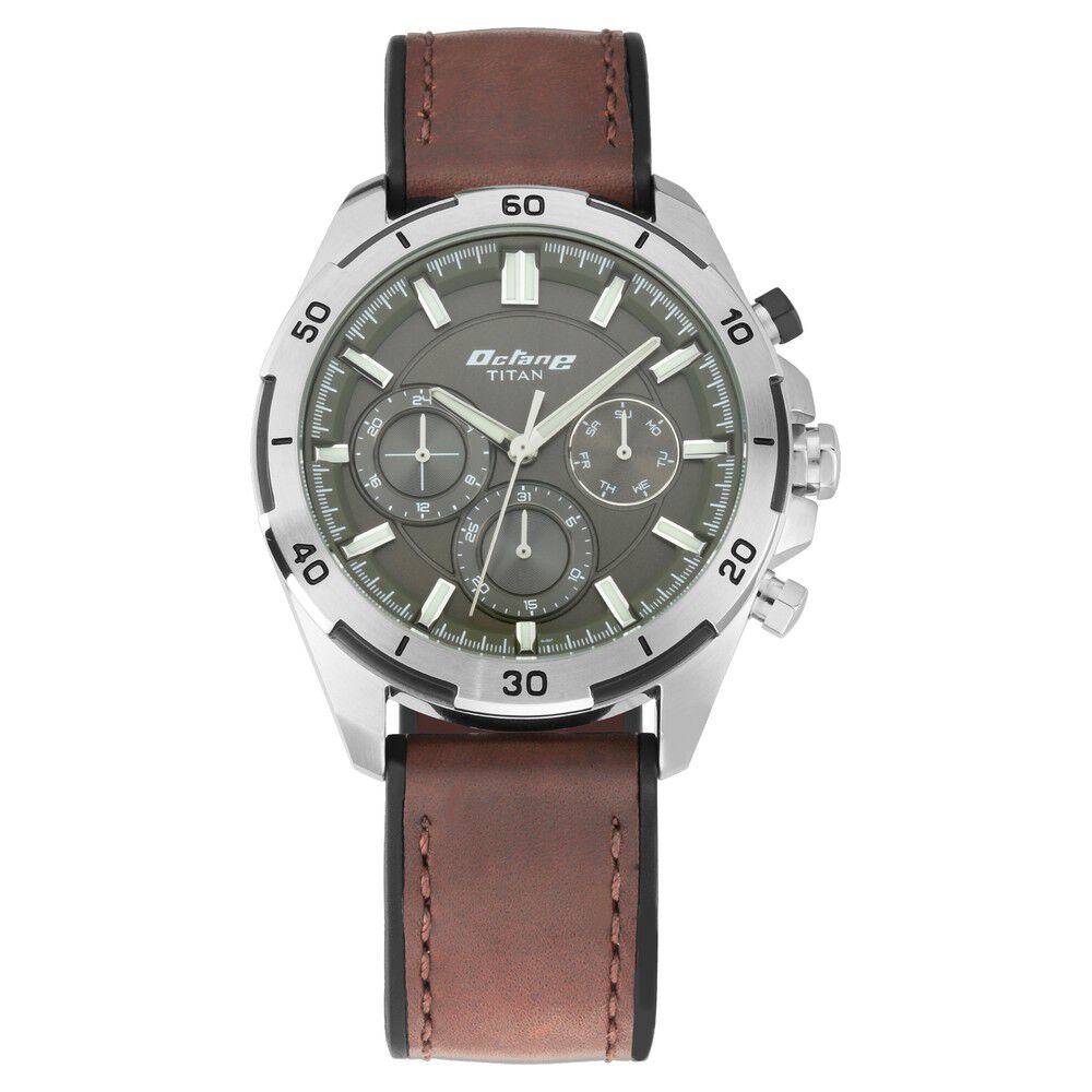 Titan Octane Hyper Lume Black Dial Quartz Multifunction Leather Strap watch for Men NS90114KP01