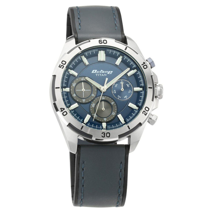 Titan Octane Hyper Lume Blue Dial Quartz Multifunction Leather Strap watch for Men-NP90114KP03