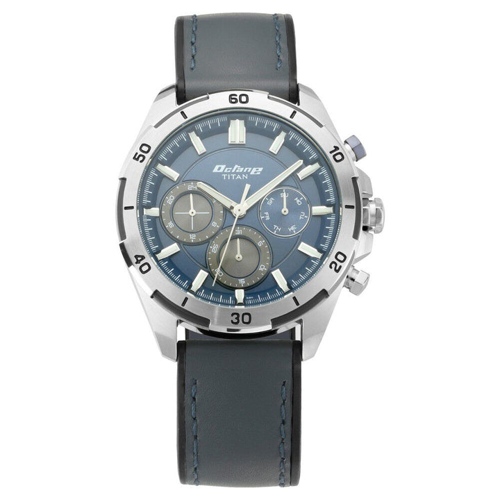 Titan Octane Hyper Lume Blue Dial Quartz Multifunction Leather Strap watch for Men-NP90114KP03