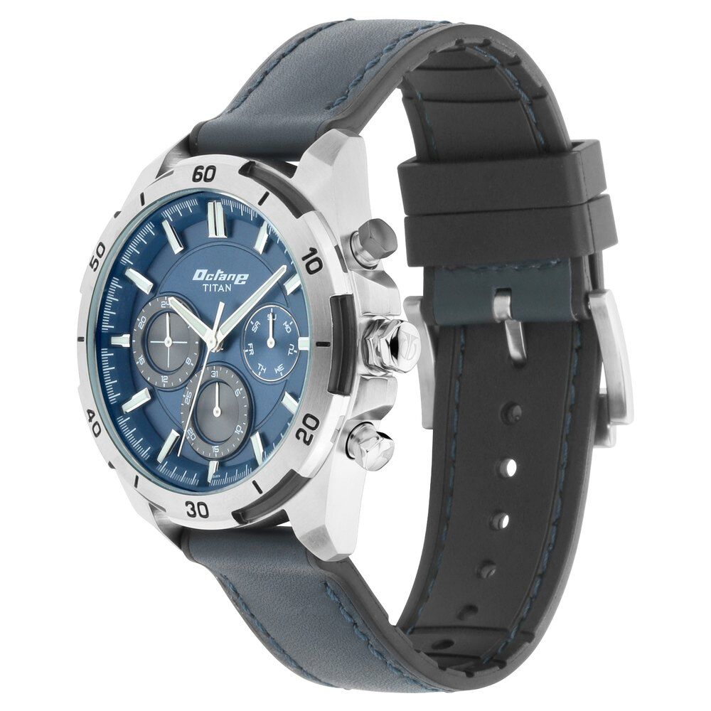 Titan Octane Hyper Lume Blue Dial Quartz Multifunction Leather Strap watch for Men-NP90114KP03