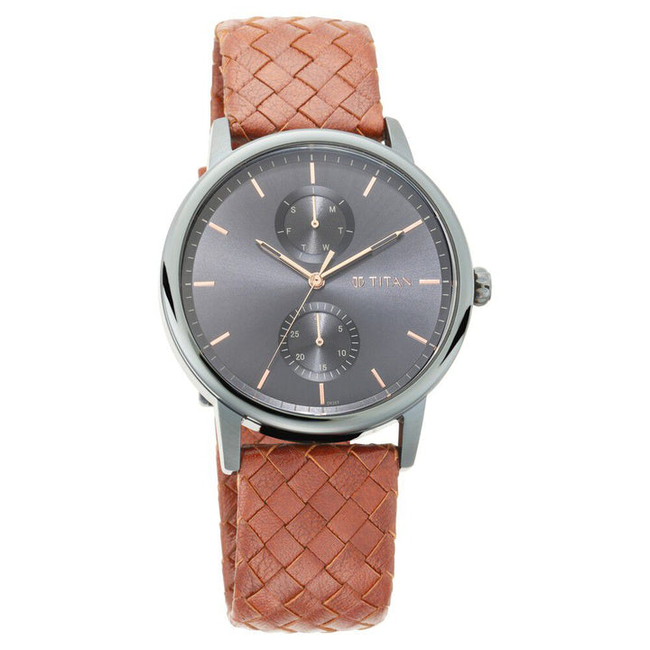 Titan Athleisure Grey Dial Analog Leather Strap Watch for Men-NS90118QL01