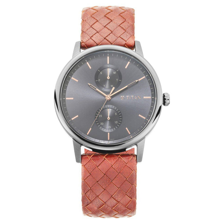 Titan Athleisure Grey Dial Analog Leather Strap Watch for Men-NS90118QL01