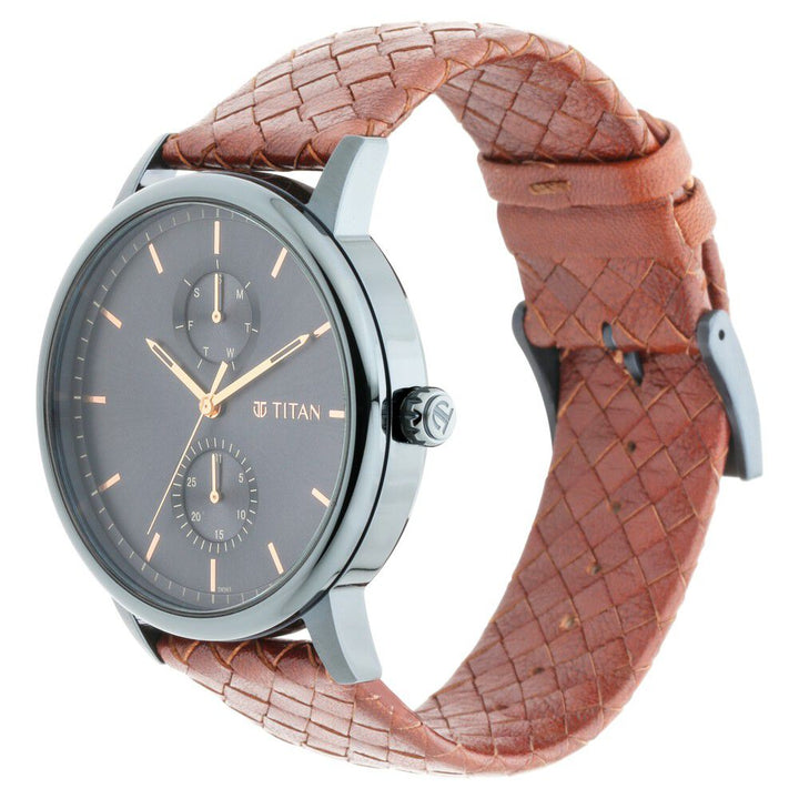 Titan Athleisure Grey Dial Analog Leather Strap Watch for Men-NS90118QL01