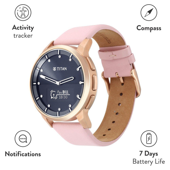 Titan Connected Plus Pink Dial Hybrid Leather Strap Watch For Women