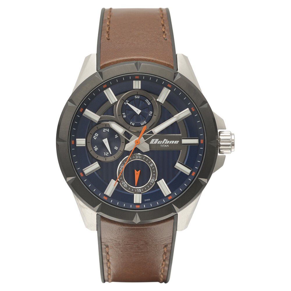 Titan Quartz Multifunction Blue Dial Silicone & Leather Strap Watch for Men NS90123KP02
