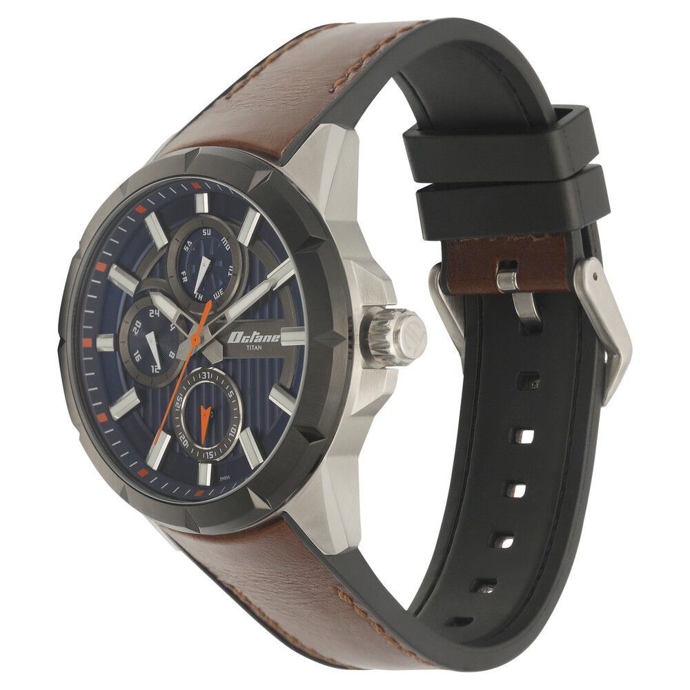 Titan Quartz Multifunction Blue Dial Silicone & Leather Strap Watch for Men NS90123KP02