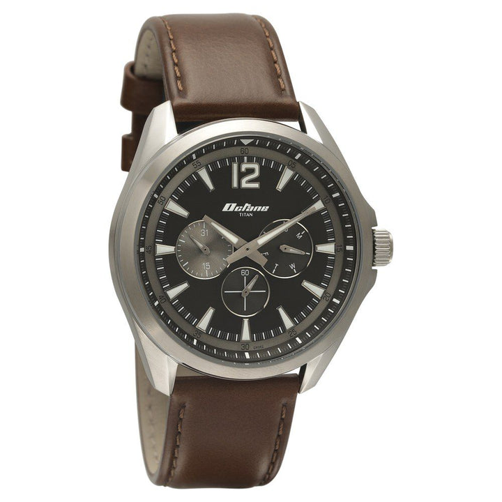 Titan Quartz Multifunction Black Dial Leather Strap Watch for Men-NS90124SL02