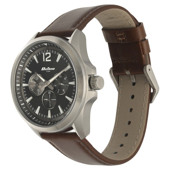 Titan Quartz Multifunction Black Dial Leather Strap Watch for Men-NS90124SL02