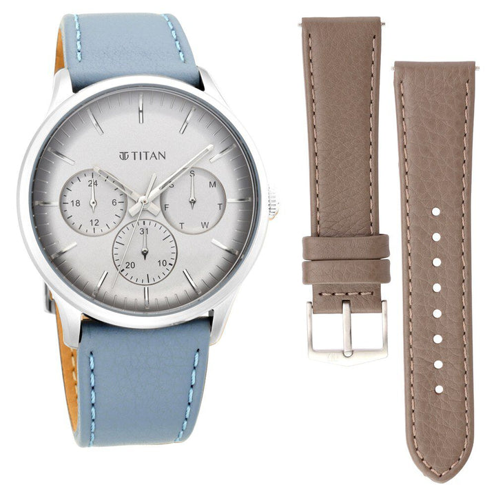 Titan Quartz Multifunction Grey Dial Leather Strap Watch for Men NS90125SL03