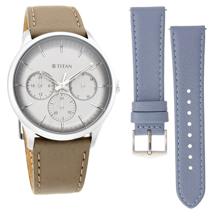 Titan Quartz Multifunction Grey Dial Leather Strap Watch for Men NS90125SL03