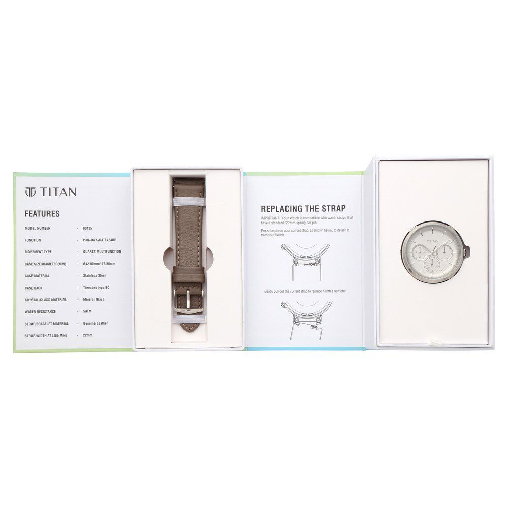 Titan Quartz Multifunction Grey Dial Leather Strap Watch for Men NS90125SL03