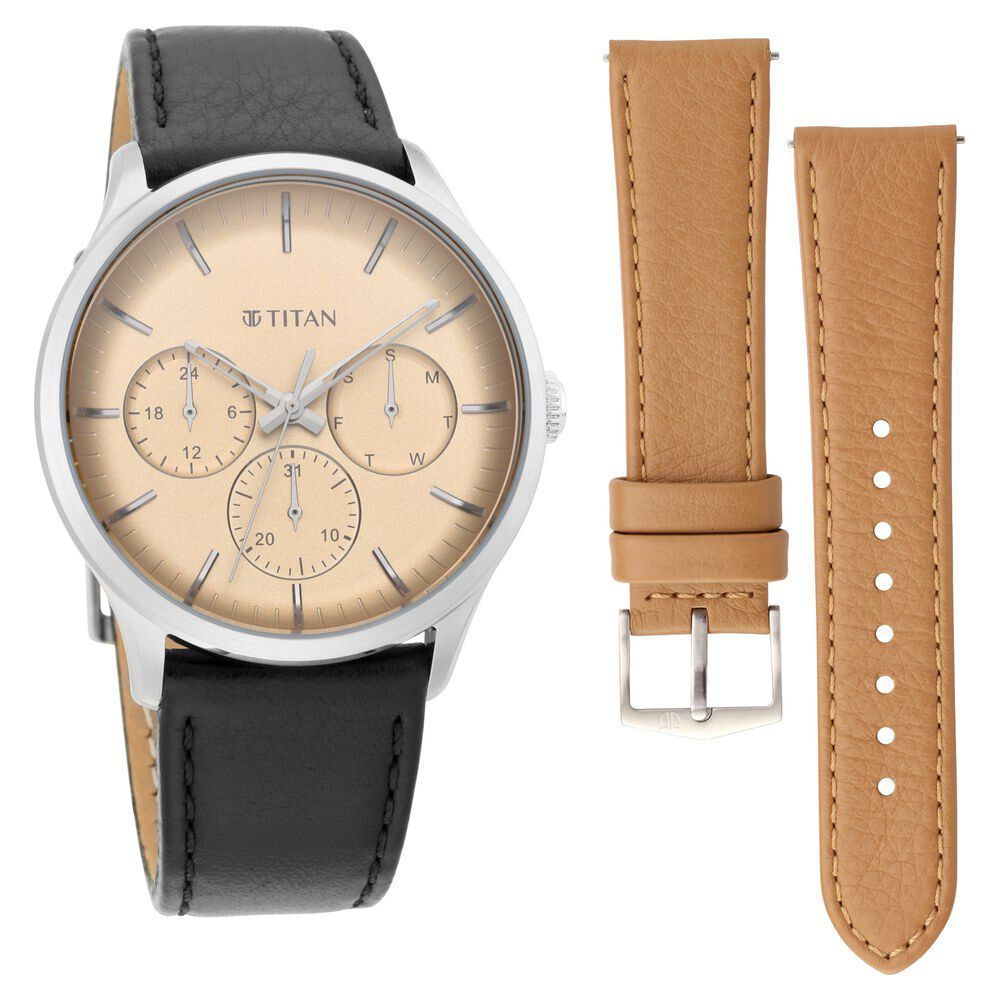 Titan Light Leather Switch Yellow Dial Quartz Multifunction Leather Strap watch for Men NS90125SL04