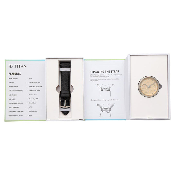 Titan Light Leather Switch Yellow Dial Quartz Multifunction Leather Strap watch for Men NS90125SL04