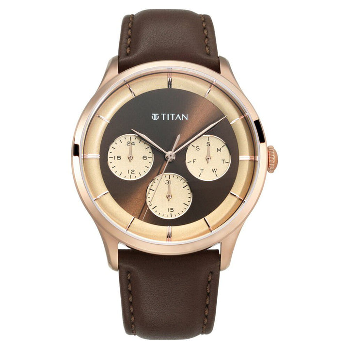 Titan Quartz Multifunction Brown Dial Leather Strap Watch for Men-NS90125WL01